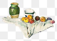 Png Cezanne’s  Jar, Cup, and Apples sticker, still life painting, transparent background.  Remixed by rawpixel.