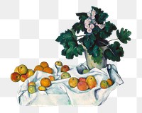  Png Cezanne’s Apples and a Pot of Primroses sticker, still life painting, transparent background.  Remixed by rawpixel.