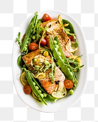 Grilled salmon with peas png sticker, food isolated image, transparent background