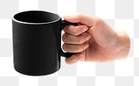 Coffee mug mockup png hand holding sticker, transparent background