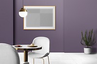 PNG picture frame mockup, transparent design, purple room interior