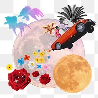 Moon car png sticker, mixed media transparent background
