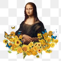 Mona Lisa png sunflower sticker, Leonardo da Vinci's artwork mixed media transparent background. Remixed by rawpixel.