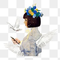Angel png sticker, Gustav Klimt's artwork mixed media transparent background. Remixed by rawpixel.