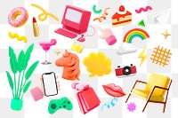 3D lifestyle png illustration sticker set, transparent background