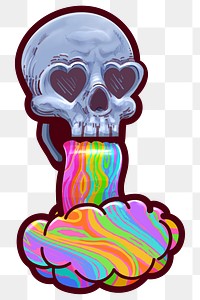 Trippy skull vomiting rainbow png sticker, transparent background