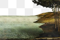 Lake border png Sandro Botticelli's landscape sticker, transparent background. Remastered by rawpixel.