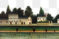 Landscape Four Fisherman png border, vintage illustration by Henri Rousseau on transparent background, remixed by rawpixel