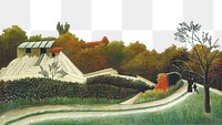 Sawmill png, Outskirts of Paris border, vintage illustration by Henri Rousseau on transparent background, remixed by rawpixel