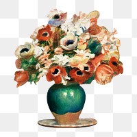 Flowers vase png Pierre-Auguste Renoir famous artwork sticker, transparent background, remixed by rawpixel