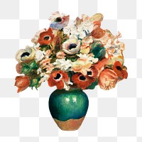 Flowers vase png Pierre-Auguste Renoir famous artwork sticker, transparent background, remixed by rawpixel