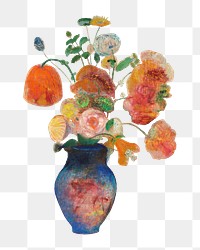 Famous painting png Odilon Redon's Large Vase with Flowers artwork sticker, transparent background, remixed by rawpixel