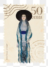 Gustav Klimt's png Portrait of Adele Bloch-Bauer postage stamp sticker, transparent background, remixed by rawpixel