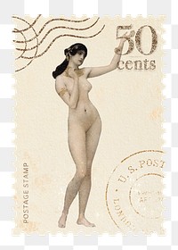 Famous painting png Gustav Klimt's Allegory of Sculpture postage stamp sticker, transparent background, remixed by rawpixel