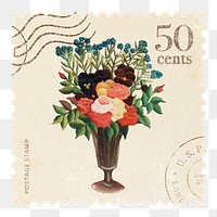 Flower vase png postage stamp sticker, Henri Rousseau's illustration, transparent background, remixed by rawpixel