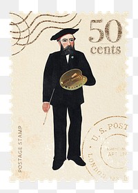 Henri Rousseau's Myself png postage stamp sticker, transparent background, remixed by rawpixel