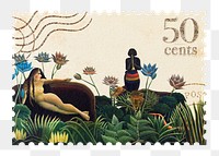 The Dream png postage stamp sticker, Henri Rousseau's illustration, transparent background, remixed by rawpixel