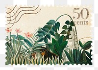 Equatorial Jungle png postage stamp sticker, Henri Rousseau's illustration, transparent background, remixed by rawpixel