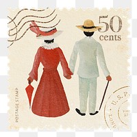 Victorian couple png postage stamp sticker, Henri Rousseau's illustration, transparent background, remixed by rawpixel