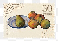 Paul Cezanne’s png postage stamp sticker, Still Life with Milk Jug and Fruit on transparent background, remixed by rawpixel