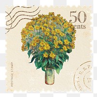 Sunflowers png postage stamp sticker, transparent background. Claude Monet artwork, remixed by rawpixel.