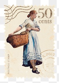 Postage stamp png Winslow Homer's Girl Carrying a Basket artwork sticker, transparent background, remixed by rawpixel