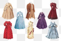 Victorian dress png vintage women's fashion sticker set, transparent background, remixed by rawpixel