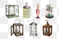 Victorian lantern png vintage object sticker set, transparent background, remixed by rawpixel