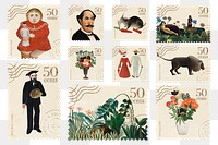 Henri Rousseau's png postage stamp sticker, famous painting set, transparent background, remixed by rawpixel