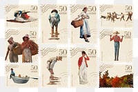 Postage stamp png Winslow Homer's famous painting sticker set, transparent background, remixed by rawpixel