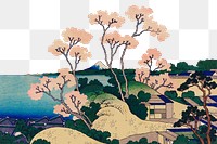 Flower border png Hokusai's sakura blossom, traditional Japanese Ukyio-e style sticker, transparent background. Remastered by rawpixel.