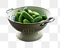 Cucumbers in colander png sticker, transparent background