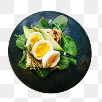 Png avocado toast with egg sticker, transparent background