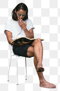 Relaxed man png reading book sticker, transparent background