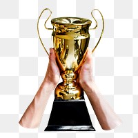 Hand holding trophy png sticker isolated image, transparent background