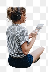 Woman png listening to music sticker, transparent background