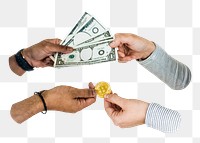 Png exchanging money & bitcoin sticker isolated image, transparent background