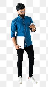 Office worker using phone png sticker, transparent background