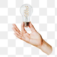 Png hand holding light bulb sticker, transparent background