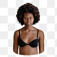 Png black woman wearing bra sticker isolated image, transparent background