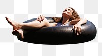 Summer holidays png woman on floating ring sticker, transparent background