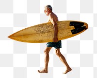 Summer vacation png senior male surfer sticker, transparent background