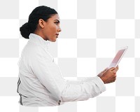 Businesswoman holding tablet png sticker, transparent background