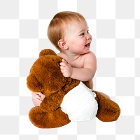 Baby hugging teddy bear png sticker, transparent background