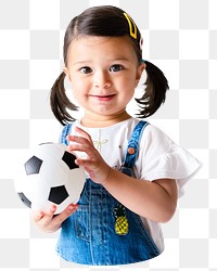 Little girl png holding a football sticker, transparent background