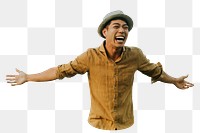 Png cheerful man spreading arms sticker isolated image, transparent background
