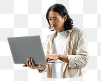 Png Asian man using laptop sticker isolated image, transparent background