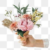 Flower bouquet png held by hand sticker, transparent background