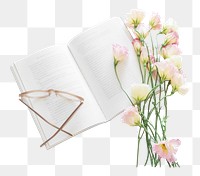 Png book and flower, text, collage element, transparent background