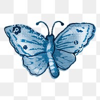 Vintage butterfly png blue watercolor, transparent background